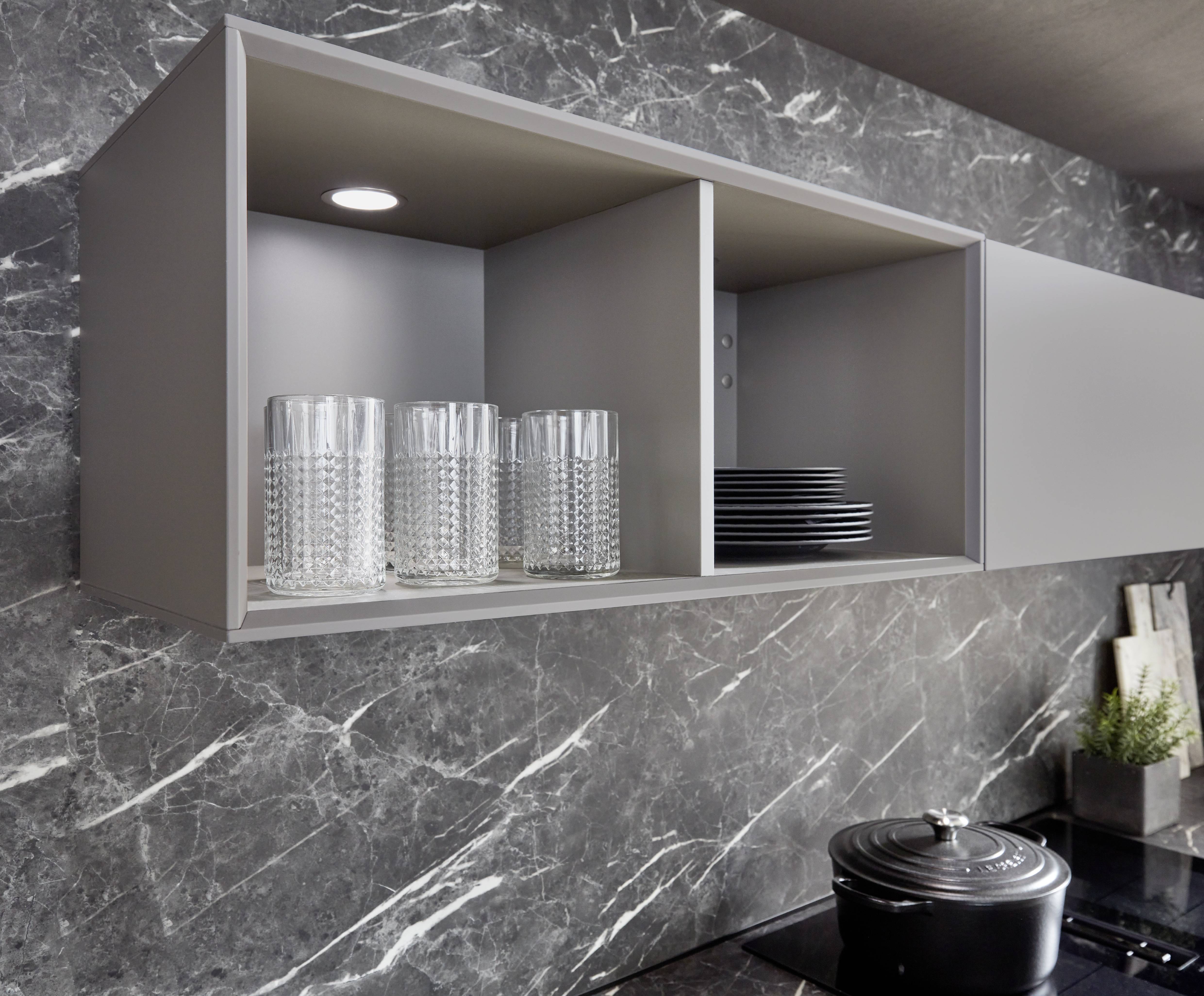 Nobilia Lichtgrau mit Marmordekor, offenes Regalbord