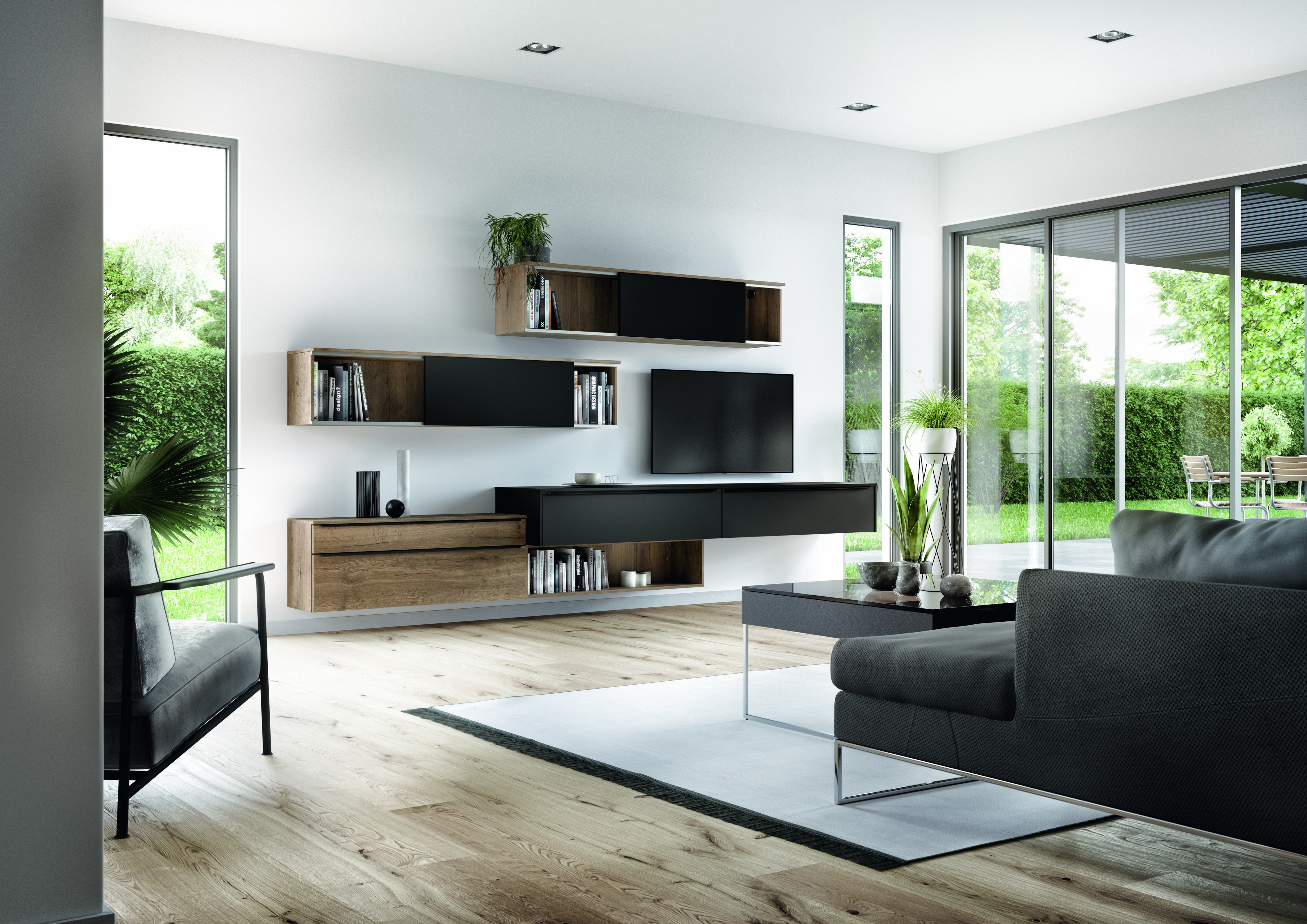 Modernes Wohnzimmer mit großen Fenstern, grauem Sofa und Holzmöbeln.