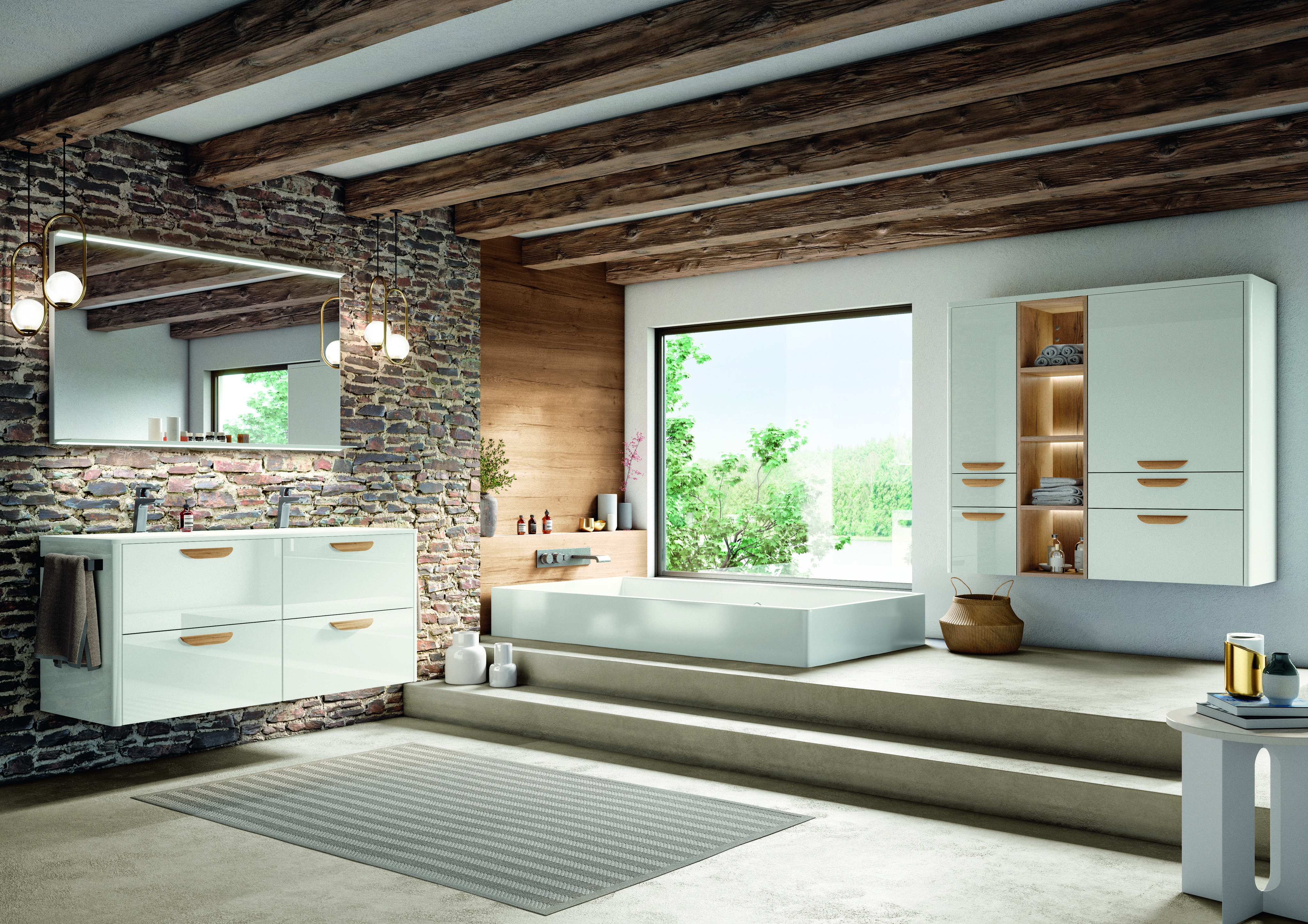 Modernes Badezimmer mit freistehender Badewanne, Holzbalkendecke und großem Fenster.