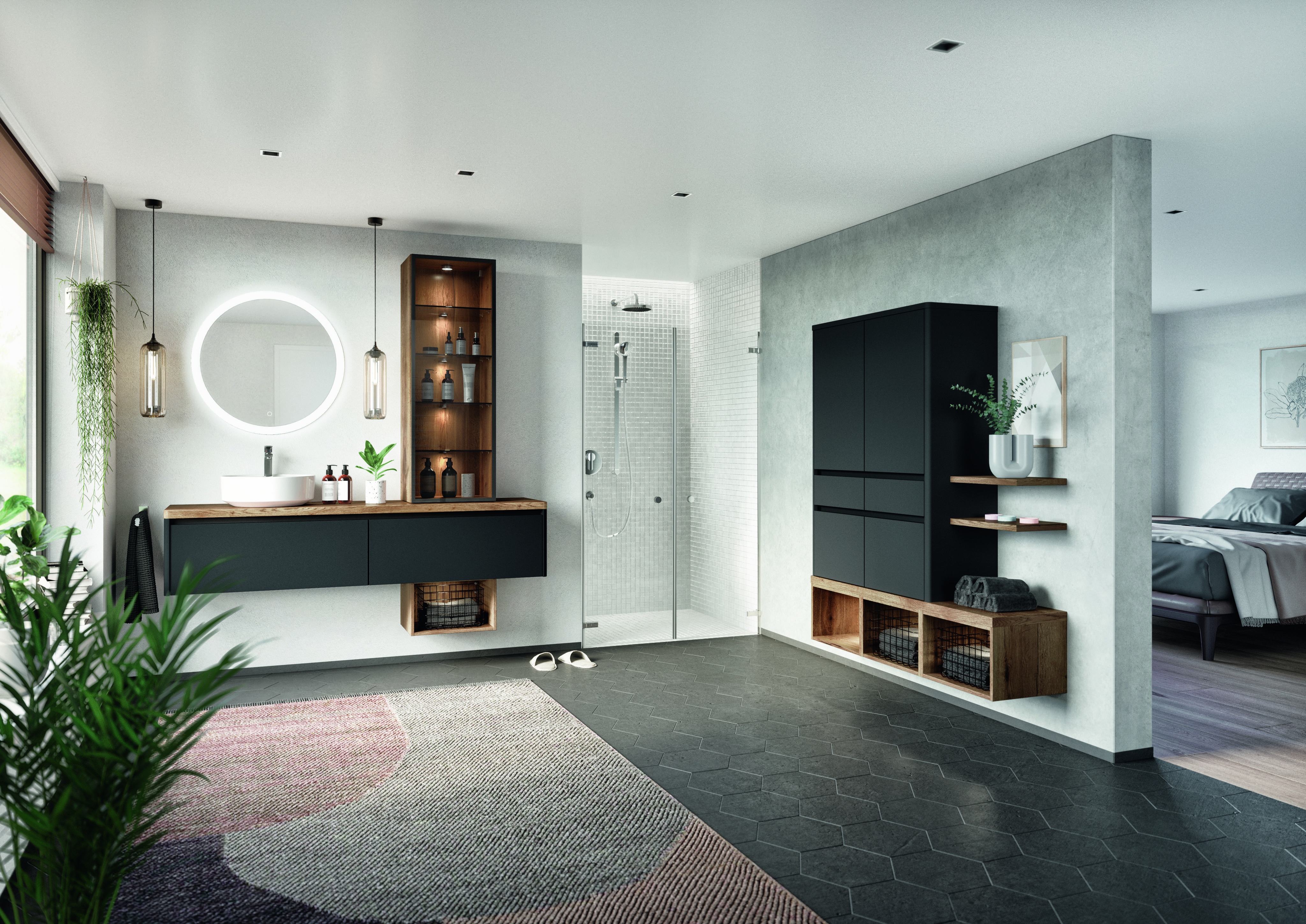 Modernes Badezimmer mit runder Spiegelbeleuchtung, schwarzen Möbeln und offener Dusche.