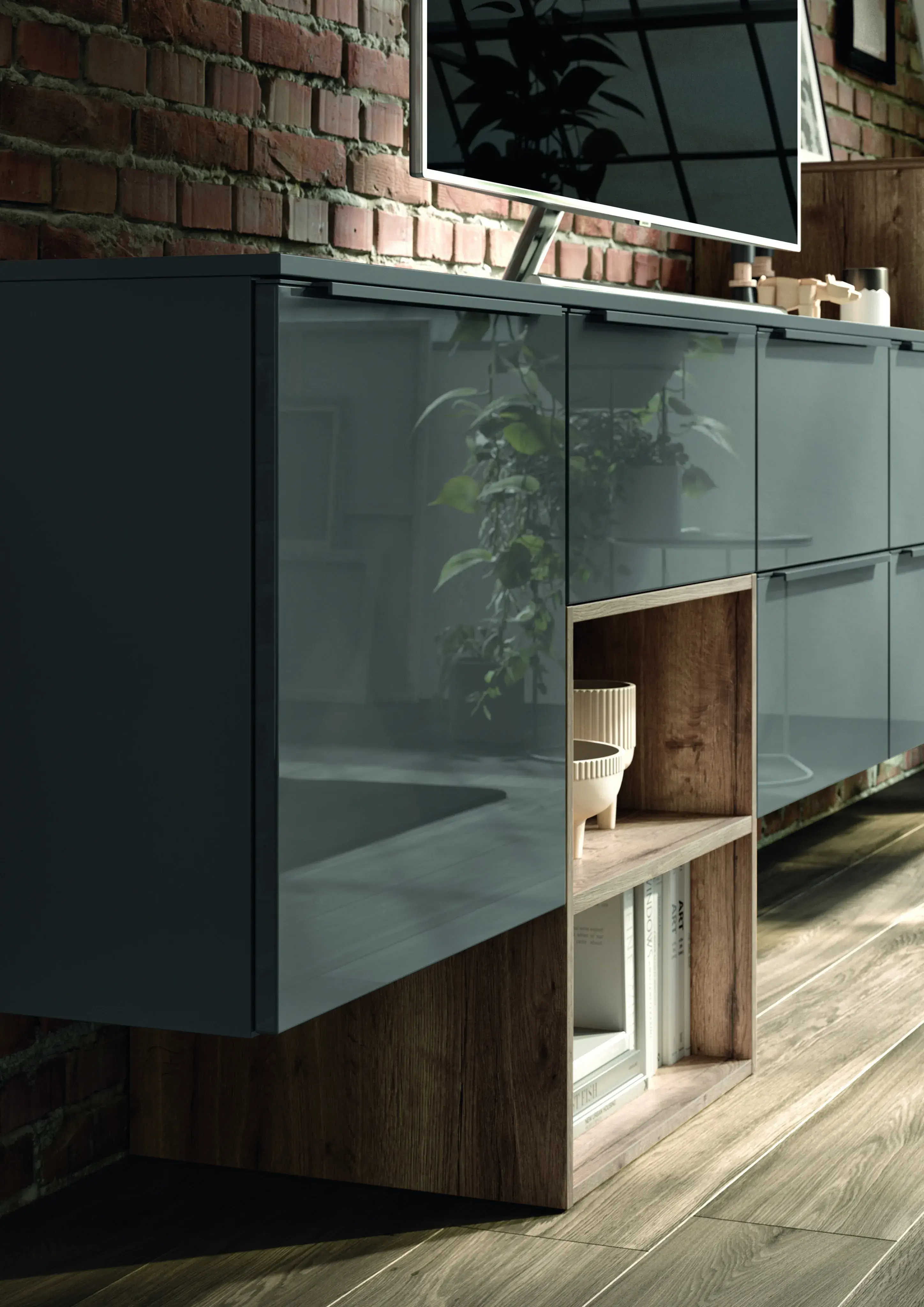 Moderne, glänzende graue Küchenzeile mit Holzelementen und reflektierender Oberfläche.