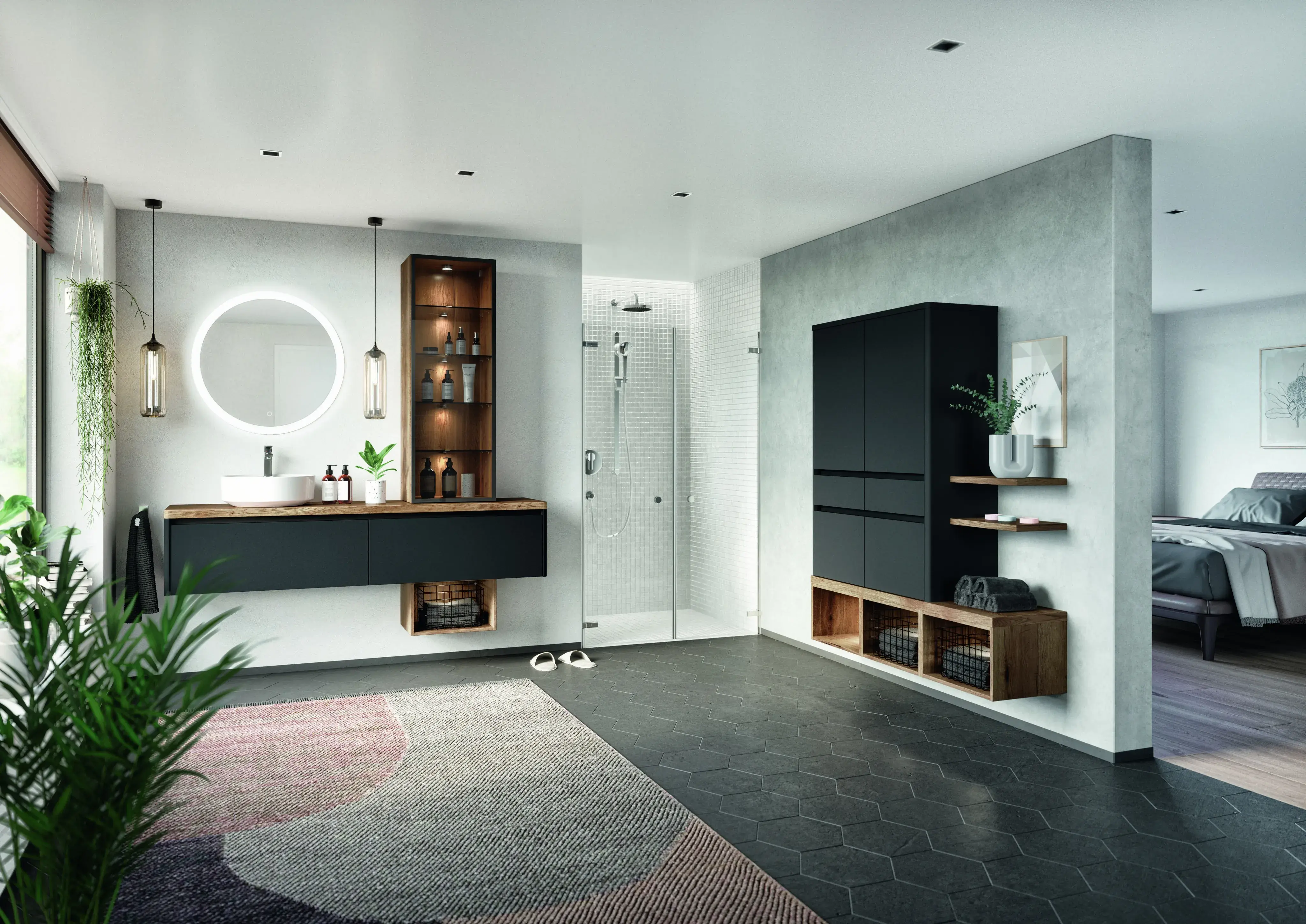 Modernes Badezimmer mit runder Spiegelbeleuchtung, schwarzen Möbeln und offener Dusche.